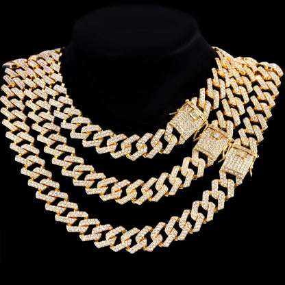 Hip Hop Men Chain 20MM Prong Cuban Chain 2 Row Iced Out Bling Rhinestones Miami Cuban Link Necklaces For Men Jewelry Iced Chain