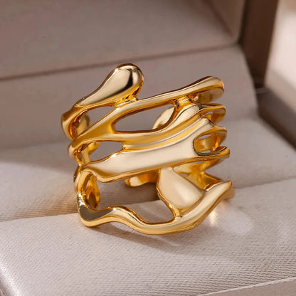 Stainless Steel Rings For Women Men Gold Color Hollow Wide Ring Female
