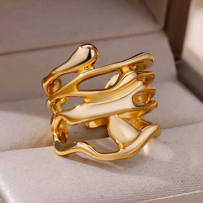 Stainless Steel Rings For Women Men Gold Color Hollow Wide Ring Female
