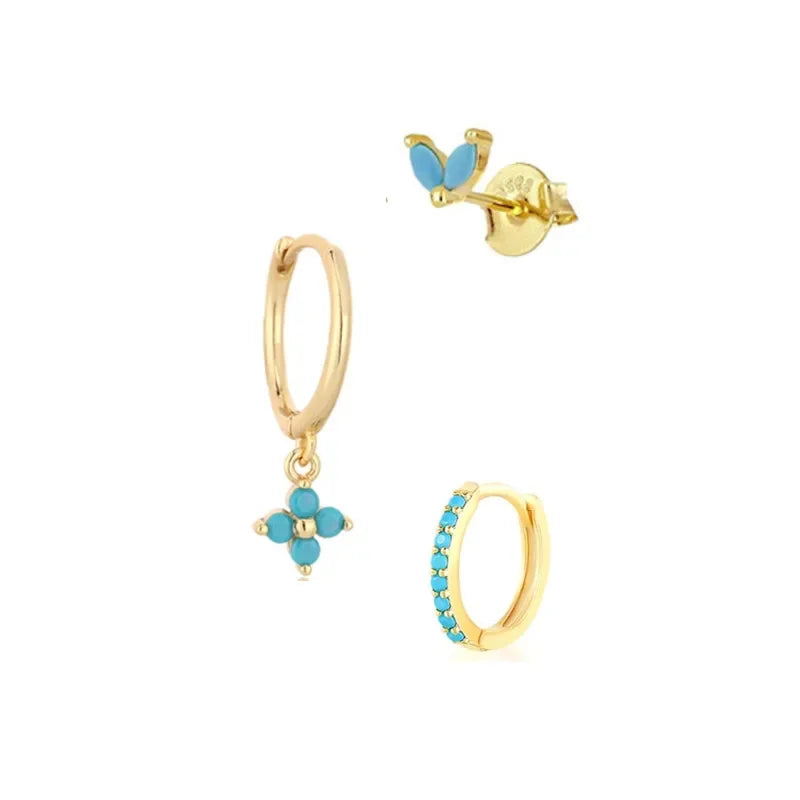 3PCS Exquisite Green Zircon Hanging Earrings Set for Women Stainless Steel Flower Dangle Earring Cartilage Piercing Jewelry