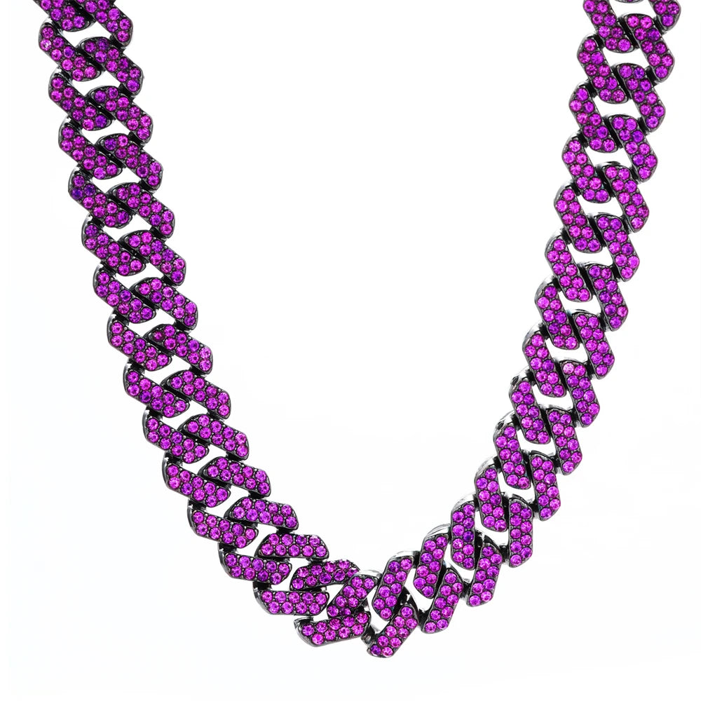 12MM Rhombus Prong Cuban Link Chain 2Row Purple Iced Out Rhinestones Rapper Necklaces Bracelet For Men Women Choker Jewelry