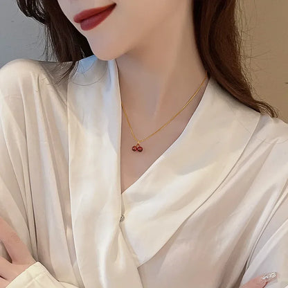 Little Wine Red Cherry Pendant Necklaces For Women Fashion Personality Fruit Golden Chain Necklace Party Jewelry Birthday Gifts