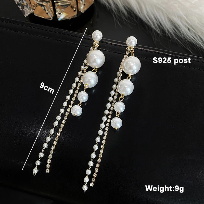 2022 New Trend Simulation Pearl Long Earrings Women's Flower Rhinestone Wedding Pendant Earrings Fashion Korean Jewelry Earrings