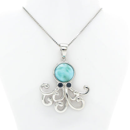 925 Sterling Silver Genuine Larimar Octopus Pendant Necklace