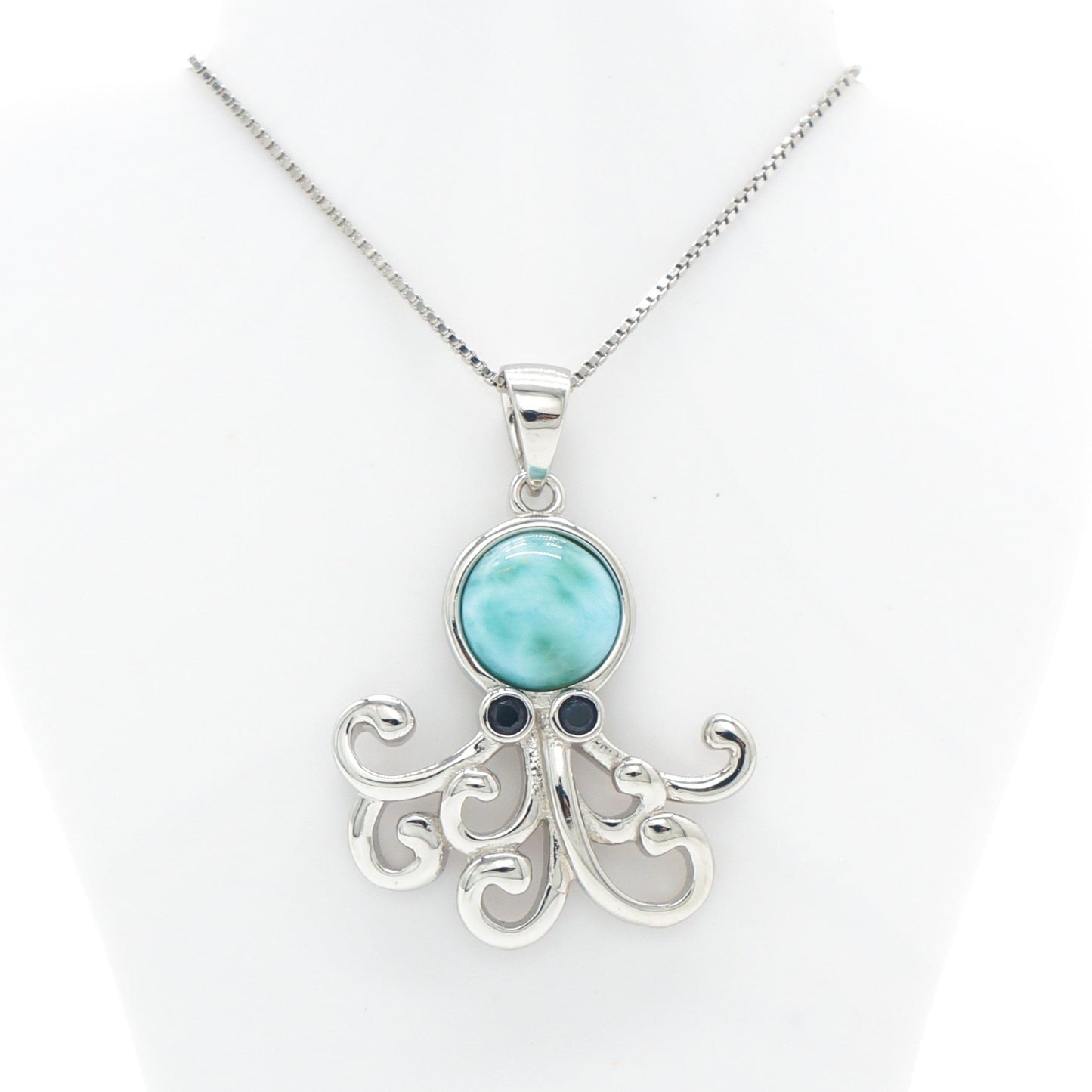 925 Sterling Silver Genuine Larimar Octopus Pendant Necklace