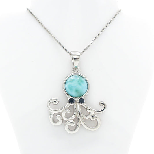 925 Sterling Silver Genuine Larimar Octopus Pendant Necklace