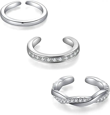 3PCS Toe Rings for Women Stainless Steel Adjustable Summer Beach Sexy Foot Ring With Diamonds Stackable Men's And Women's Ring