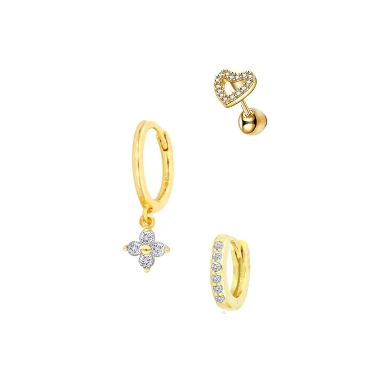 3PCS Exquisite Green Zircon Hanging Earrings Set for Women Stainless Steel Flower Dangle Earring Cartilage Piercing Jewelry