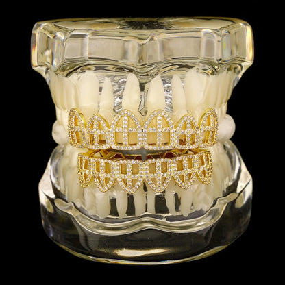 Hip Hop CZ Cross Teeth Grillz Caps Cubic Zircon Iced Out Micro Pave Top&Bottom Charm For Men Women Rapper Jewelry Xmas Gift