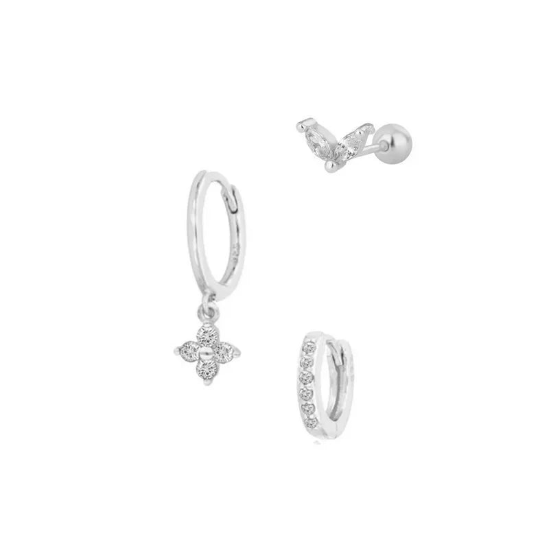 3PCS Exquisite Green Zircon Hanging Earrings Set for Women Stainless Steel Flower Dangle Earring Cartilage Piercing Jewelry