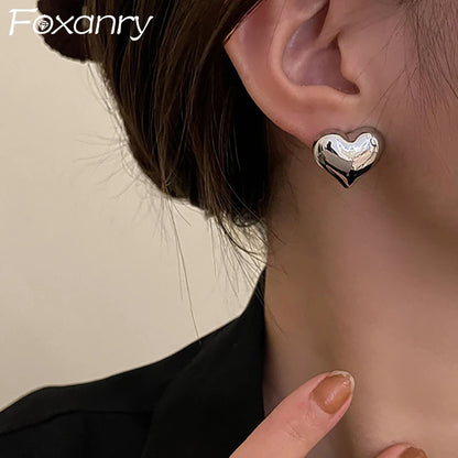FOXANRY Minimalist Silver Color LOVE Heart Stud Earrings for Women