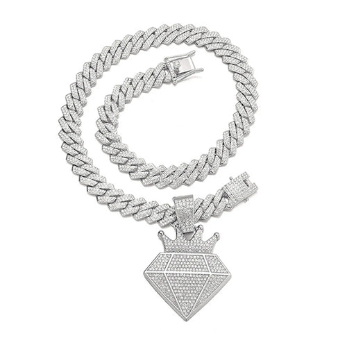 Hip Hop Iced Out Crown Pendant Necklace With 13mm Rhinestone Cuban