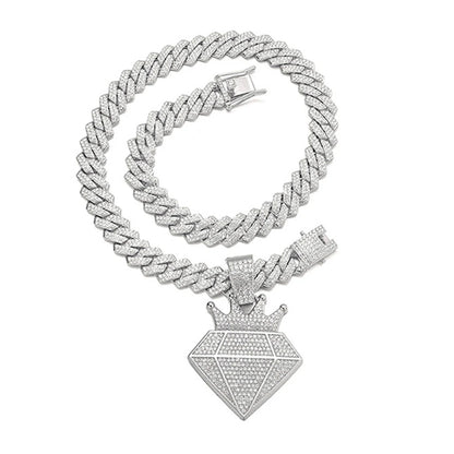 Hip Hop Iced Out Crown Pendant Necklace With 13mm Rhinestone Cuban