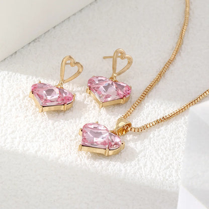 3pcs Trendy Y2k Heart-shaped Zircon Pink Crystal Pendant Earrings