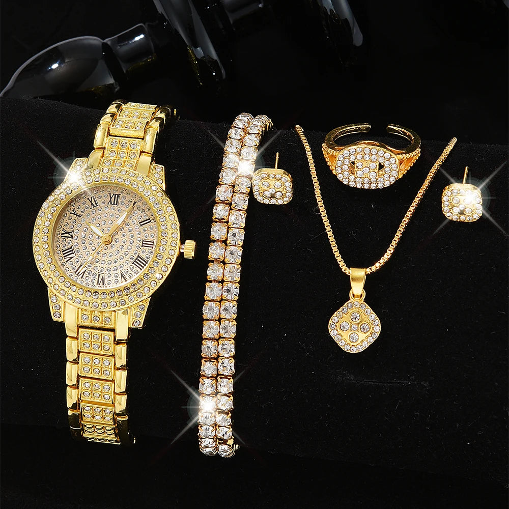 Fashion Numeric Golden Watch with Jewelry Set