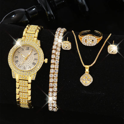 Fashion Numeric Golden Watch with Jewelry Set