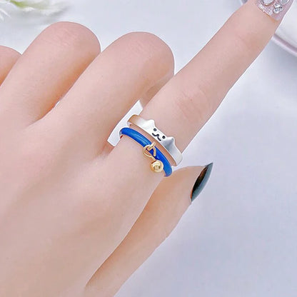 New Japanese Open Adjustable Ring Cute Cat Bell Cat Claw Oil Dropping Enamel Ring Decorative Gift