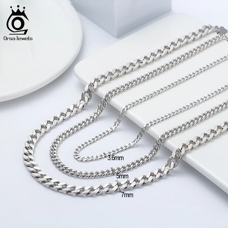 ORSA JEWELS 3mm 5mm 7mm Cuban Chain Necklace Bracelet 100% 925 Sterling Silver Diamond Cut Cuban Link Curb Chain Necklace SC36