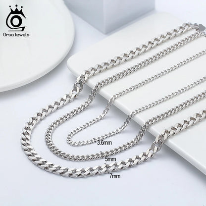 ORSA JEWELS 3mm 5mm 7mm Cuban Chain Necklace Bracelet 100% 925 Sterling Silver Diamond Cut Cuban Link Curb Chain Necklace SC36