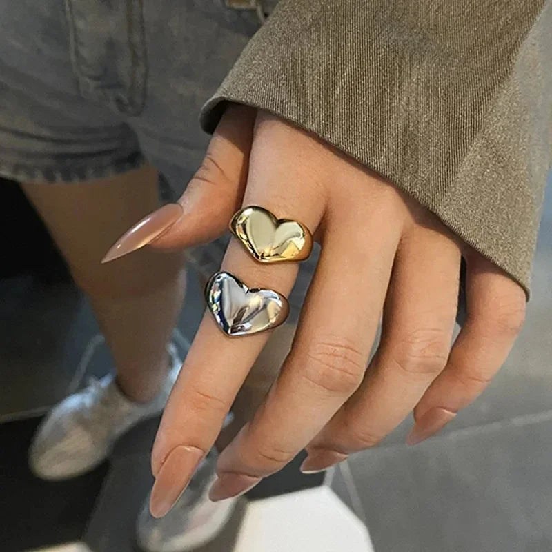 Stainless Steel Simple Smooth Metal Heart Rings For Women Men Y2K