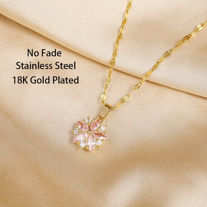 New Cute Romantic Pink Sakura Pendant Stainless Steel Necklaces For