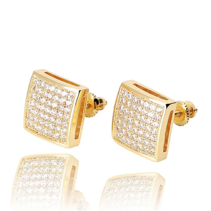 925 Sterling Silver Square Screw Stud Earrings Pave CZ Iced Out Screw