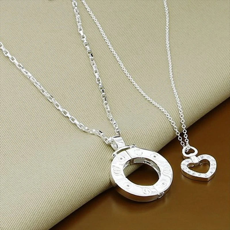 Couple Necklace 925 Silver Heart Circle Men & Women Love Gift Set