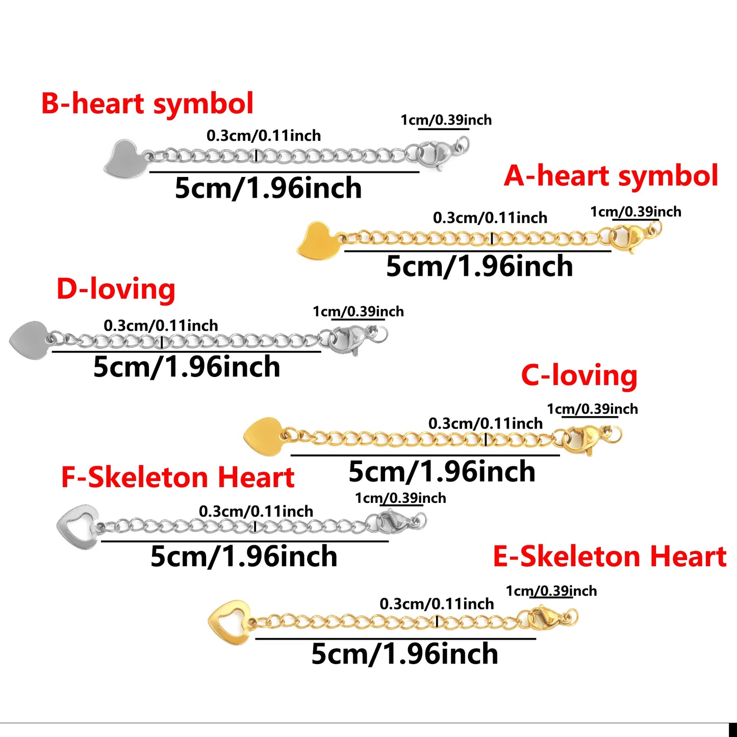 10 Pcs Stainless Steel End Chain with Lobster Clasp Skeletonized Heart