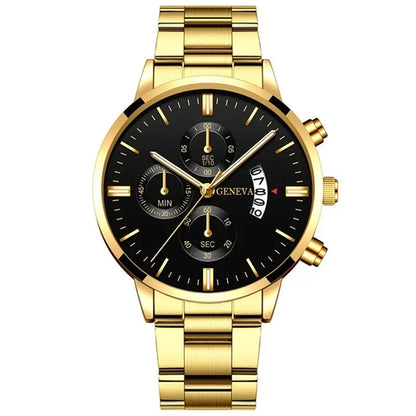 2023 Fashion Men Gold Stainless Steel Watch Luxury Calendar Quartz