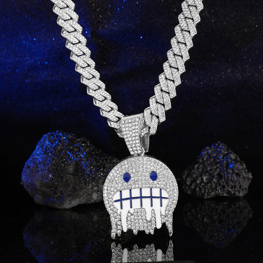 Men White Blue Cubic Zirconia Paved Hip Hop Round Face Pendants Necklaces with Cuban Chain Iced Out Bling CZ Fashion Boy Jewelry