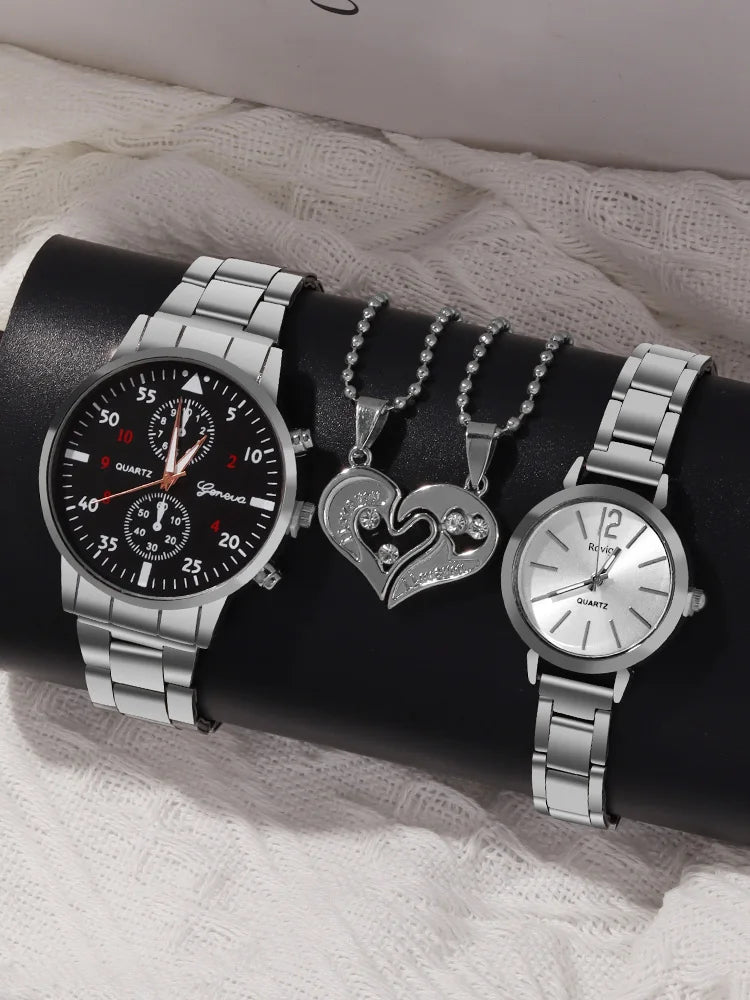 4pcs Versatile Couple Quartz Steel Band Watch and Couple Necklace
