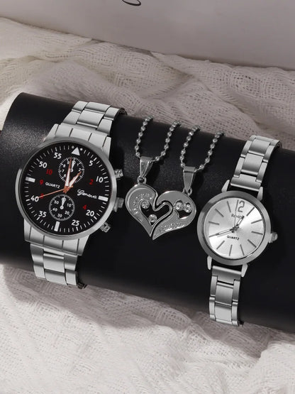 4pcs Versatile Couple Quartz Steel Band Watch and Couple Necklace