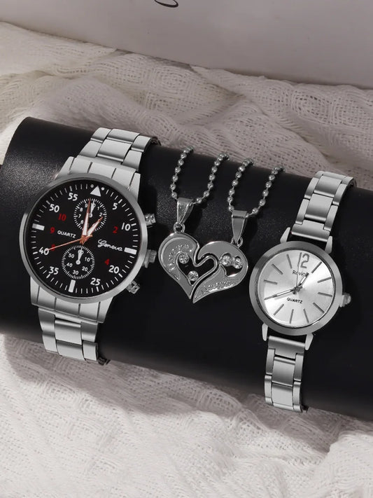 4pcs Versatile Couple Quartz Steel Band Watch and Couple Necklace