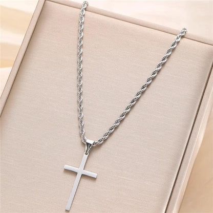Stainless Steel Cross Pendant Necklace for Men Boys 18K Gold Plated Silver Simple Twisted Chain Fashionable Jewelry Beach Party