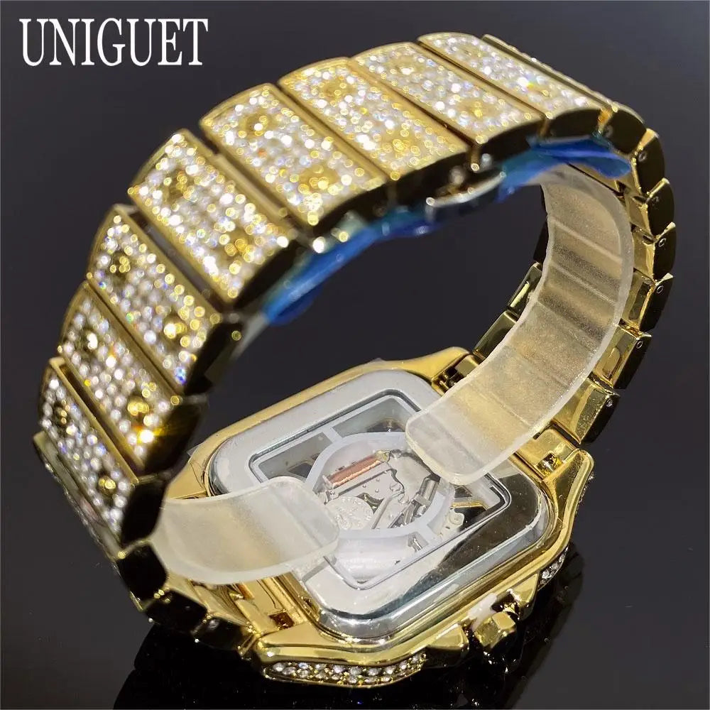 Top Luxury Gold Watch For Men Hip Hop Iced Diamond Square Quartz Wristwatches Fashion Hollow Waterproof Clocks Male Reloj 2025