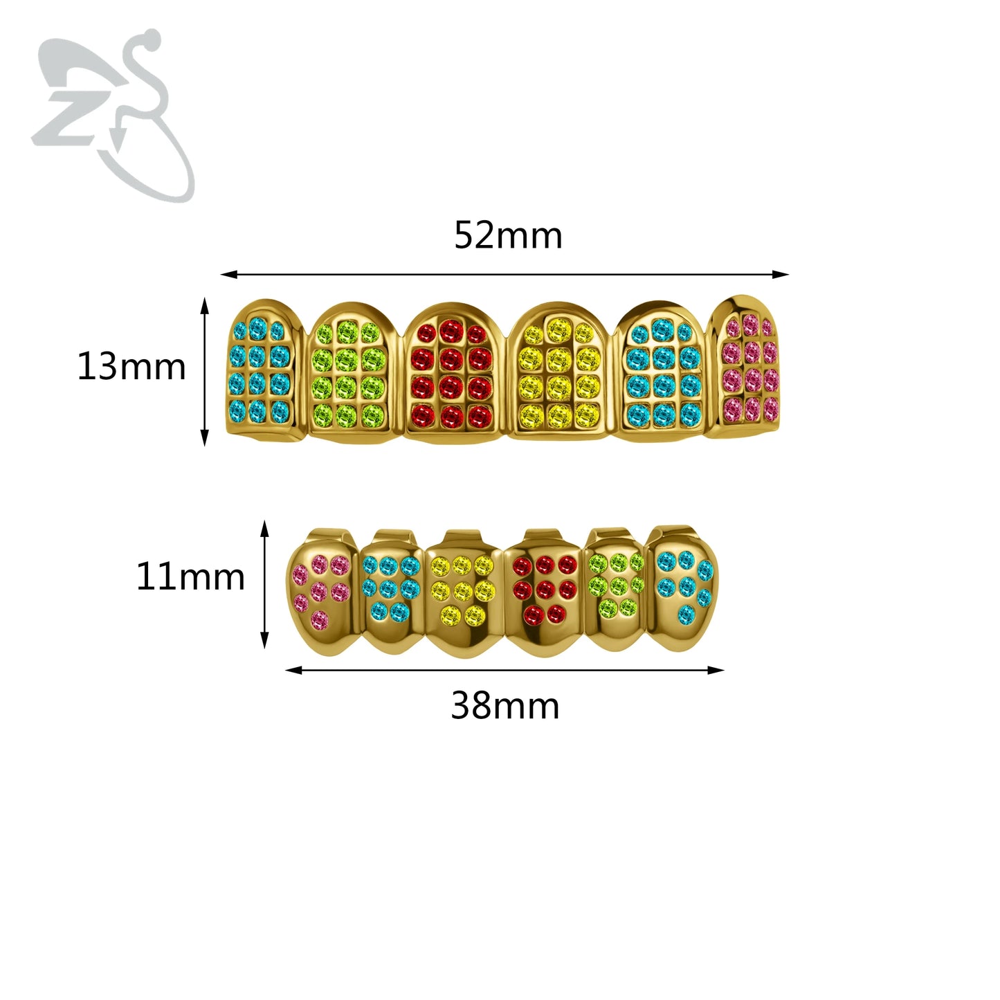 ZS 1 Set Hip Hop 18K Gold Plated Grillz Men Teeth Shiny CZ Crystal Cross Gap Grillz Colorful Zircon Top&Bottom Tooth Jewelry