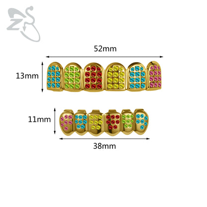 ZS 1 Set Hip Hop 18K Gold Plated Grillz Men Teeth Shiny CZ Crystal Cross Gap Grillz Colorful Zircon Top&Bottom Tooth Jewelry