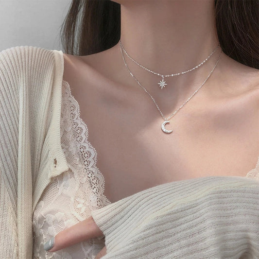 925 Silver Double Star & Moon Layered Necklace – Elegant Fine Jewelry for Women™