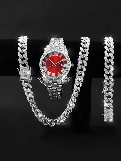 3PCS luxury alloy full diamond rhinestone mirror men's quartz watch