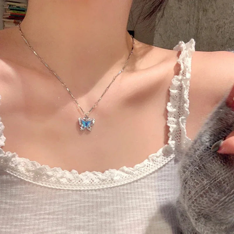 Romantic Blue Crystal Butterfly Pendant Necklace