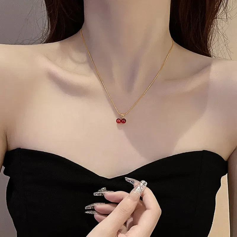 Little Wine Red Cherry Pendant Necklaces For Women Fashion Personality Fruit Golden Chain Necklace Party Jewelry Birthday Gifts