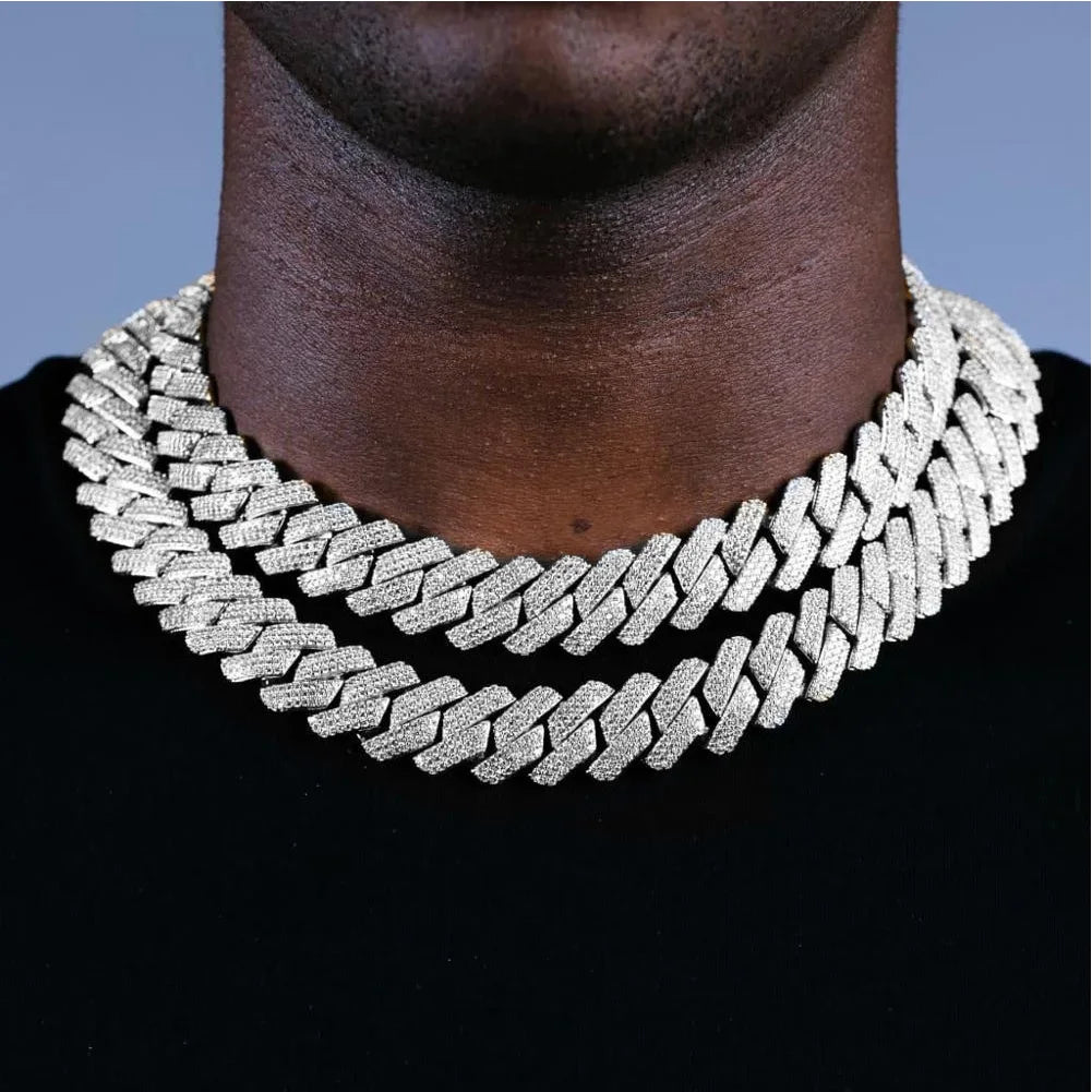 Hip Hop Men Chain 20MM Prong Cuban Chain 2 Row Iced Out Bling Rhinestones Miami Cuban Link Necklaces For Men Jewelry Iced Chain