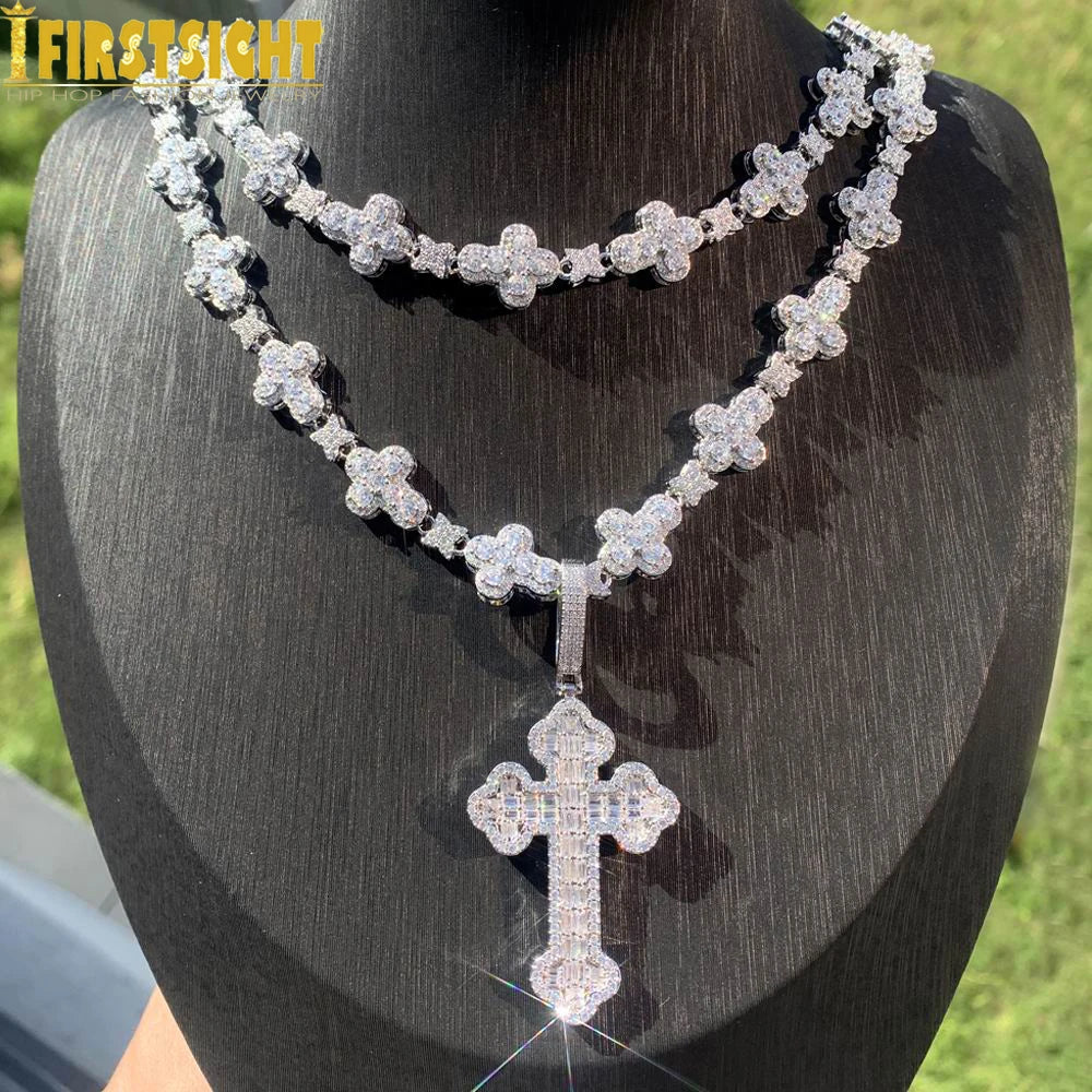 2025 New Iced Out Cross Necklace for Men Women Bling Silver Color Cubic Zirconia Charm Star Link Chain Hip Hop Jewelry