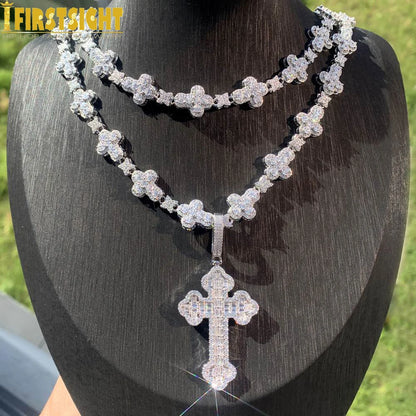 2025 New Iced Out Cross Necklace for Men Women Bling Silver Color Cubic Zirconia Charm Star Link Chain Hip Hop Jewelry