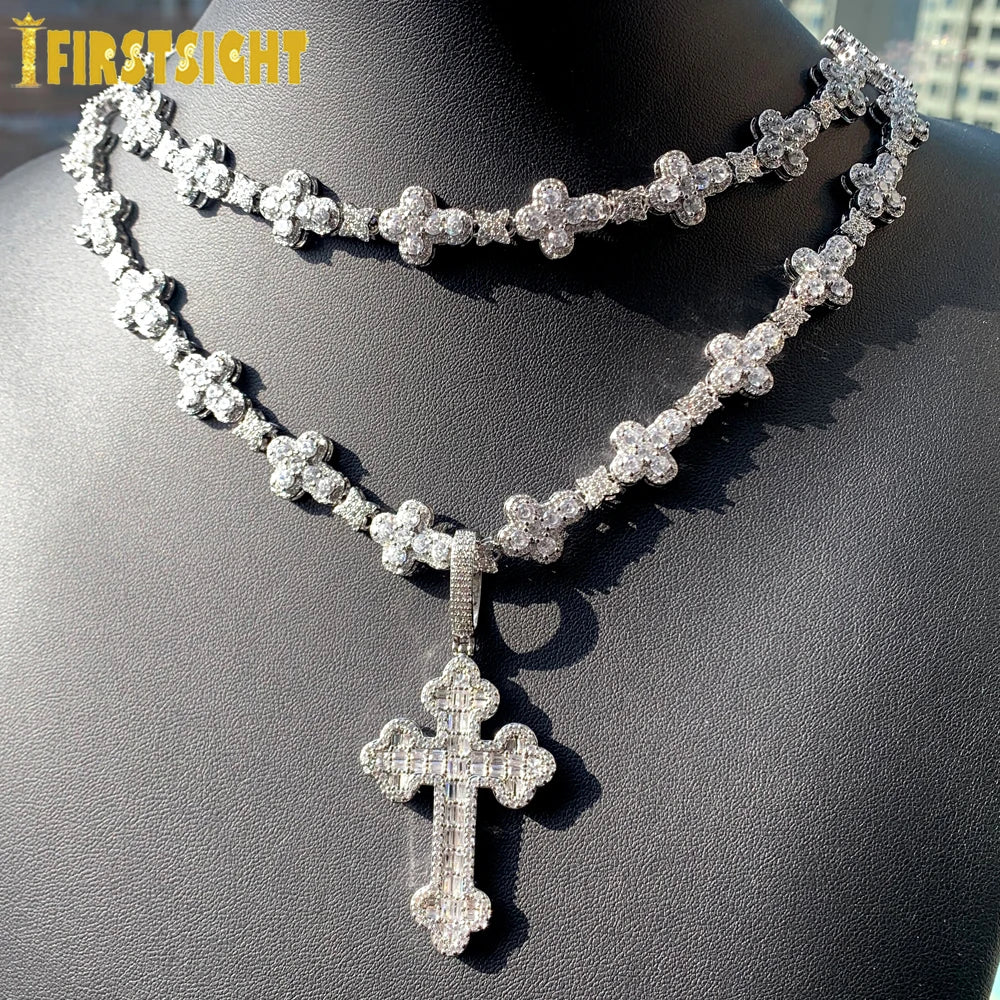2025 New Iced Out Cross Necklace for Men Women Bling Silver Color Cubic Zirconia Charm Star Link Chain Hip Hop Jewelry