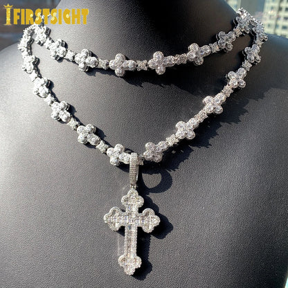 2025 New Iced Out Cross Necklace for Men Women Bling Silver Color Cubic Zirconia Charm Star Link Chain Hip Hop Jewelry