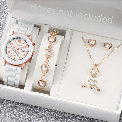 4pcs/set Geneva Fashion Silicone Band Women Quartz Watch & Heart Jewelry Set