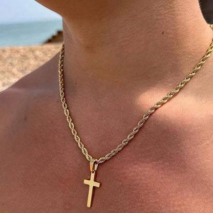 Stainless Steel Cross Pendant Necklace for Men Boys 18K Gold Plated Silver Simple Twisted Chain Fashionable Jewelry Beach Party