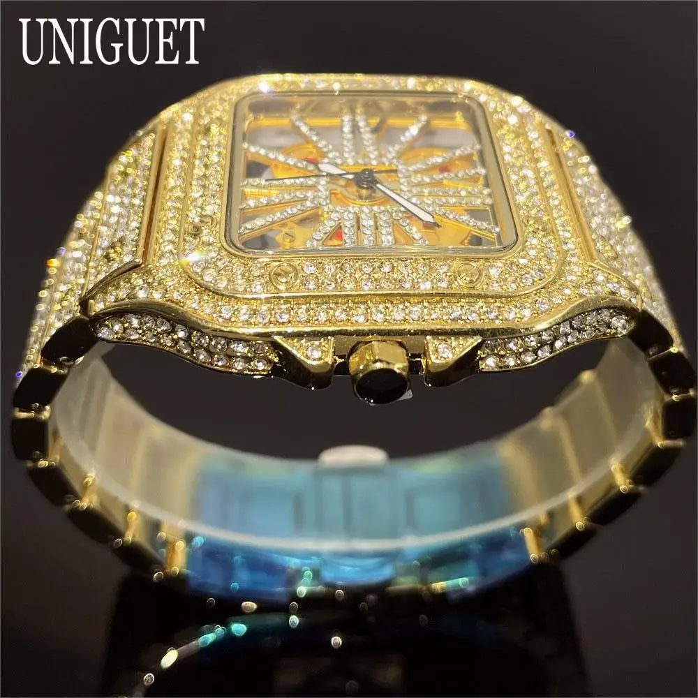 Top Luxury Gold Watch For Men Hip Hop Iced Diamond Square Quartz Wristwatches Fashion Hollow Waterproof Clocks Male Reloj 2025