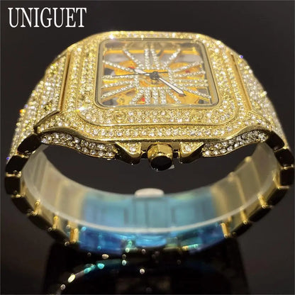 Top Luxury Gold Watch For Men Hip Hop Iced Diamond Square Quartz Wristwatches Fashion Hollow Waterproof Clocks Male Reloj 2025
